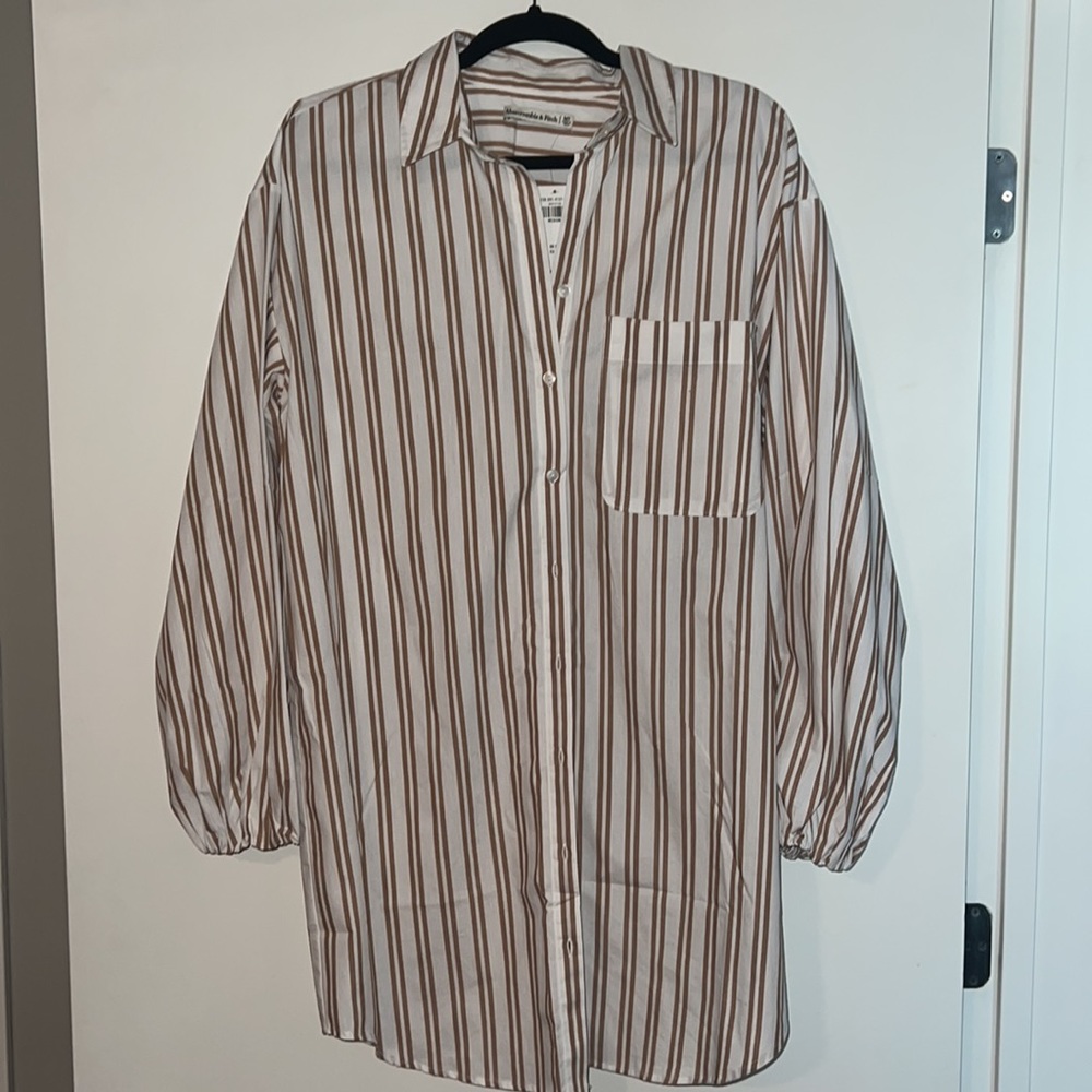 Abercrombie & Fitch White Shirt Dress with Brown Stripe